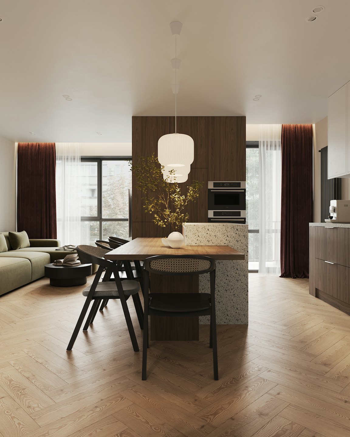 Moderno soggiorno, sala da pranzo e cucina open space con pavimenti a spina di pesce.